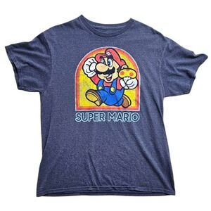 Nintendo Super Mario Bros Graphic Tee Mens Large Heather Navy Blue Retro Gaming